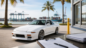 Right-hand-drive JDM vehicle at a Florida port for import registration