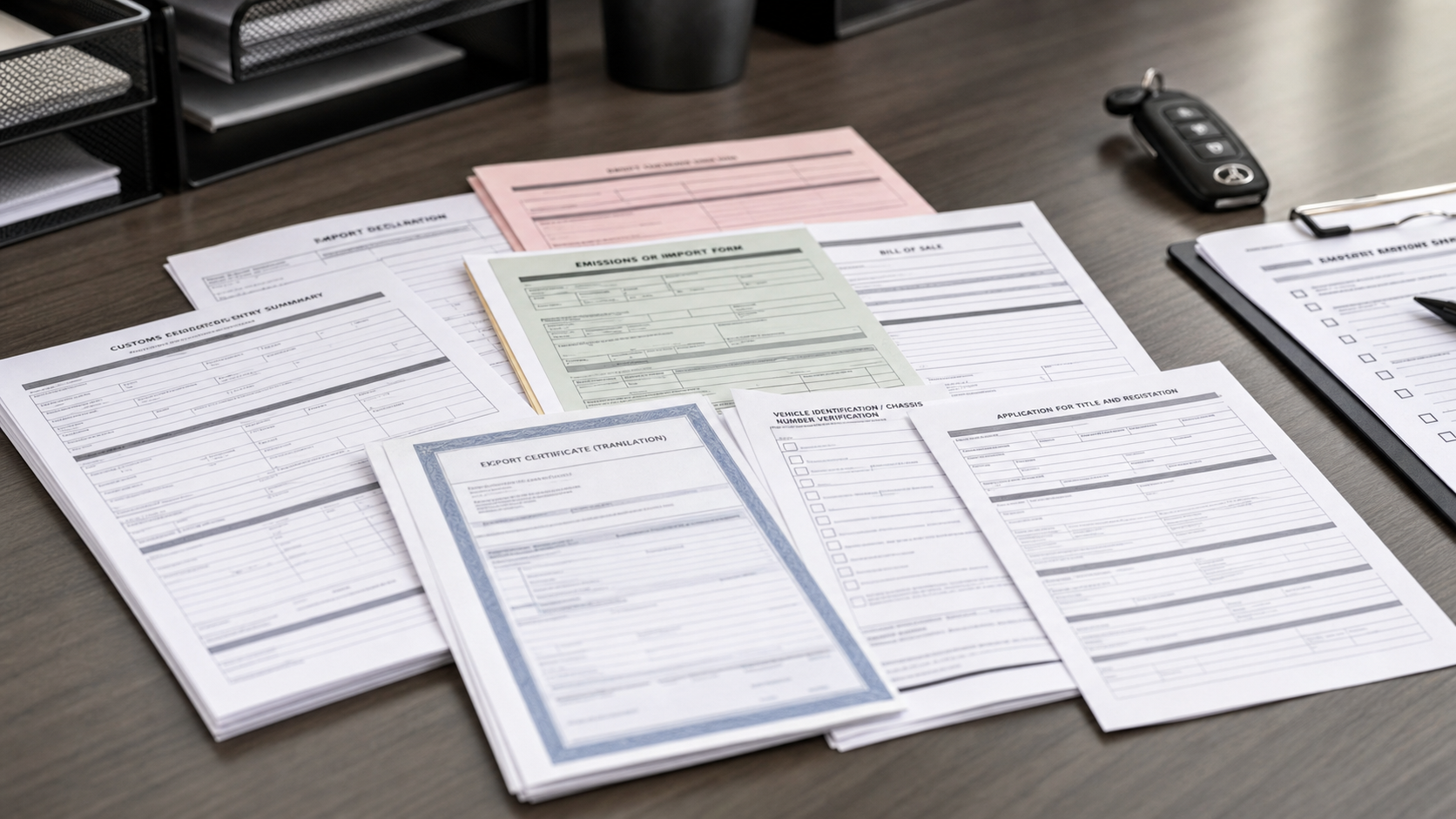 Virginia JDM import title documents with Customs forms and chassis number checklist