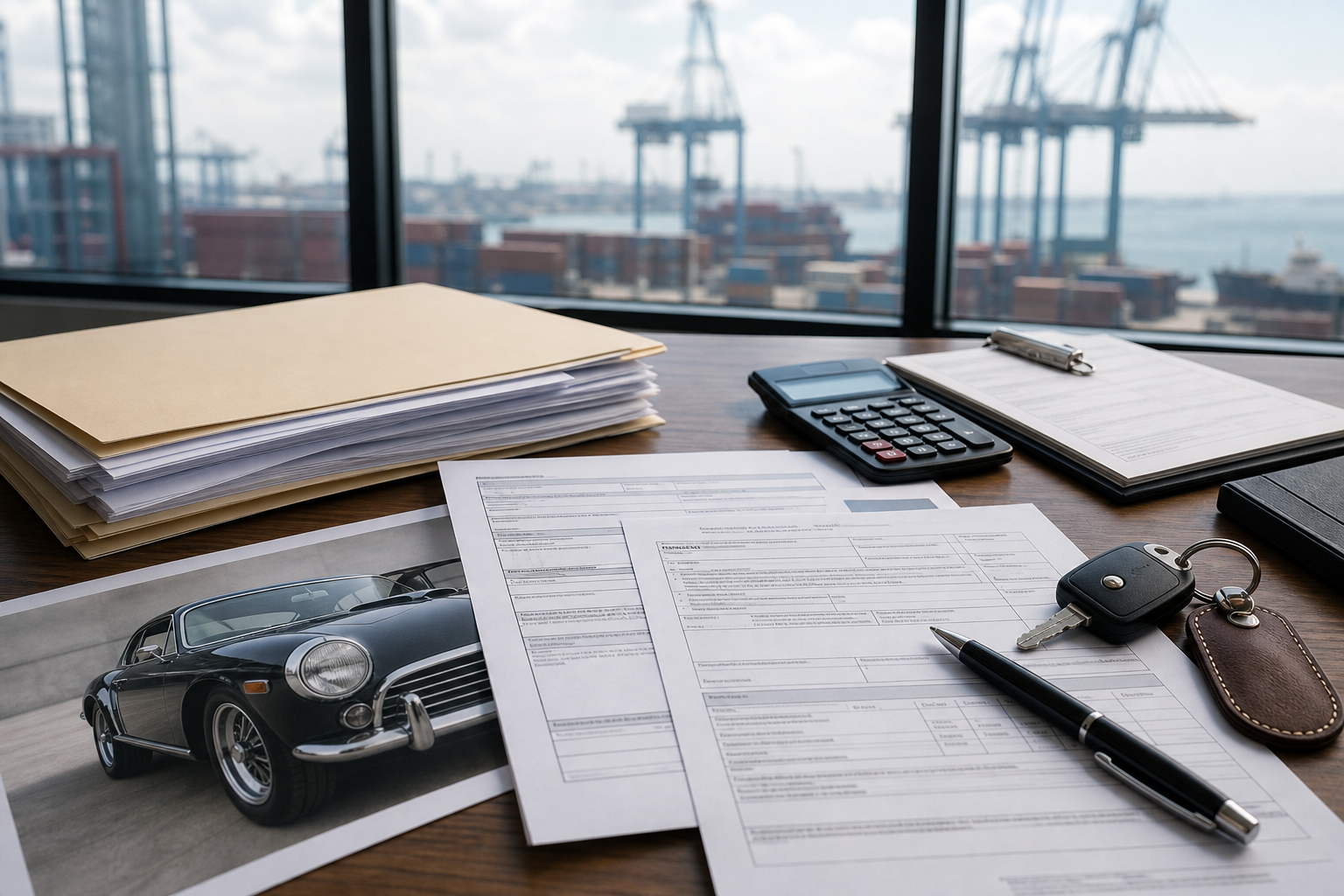 Customs broker desk with vehicle import documents calculator and car keys