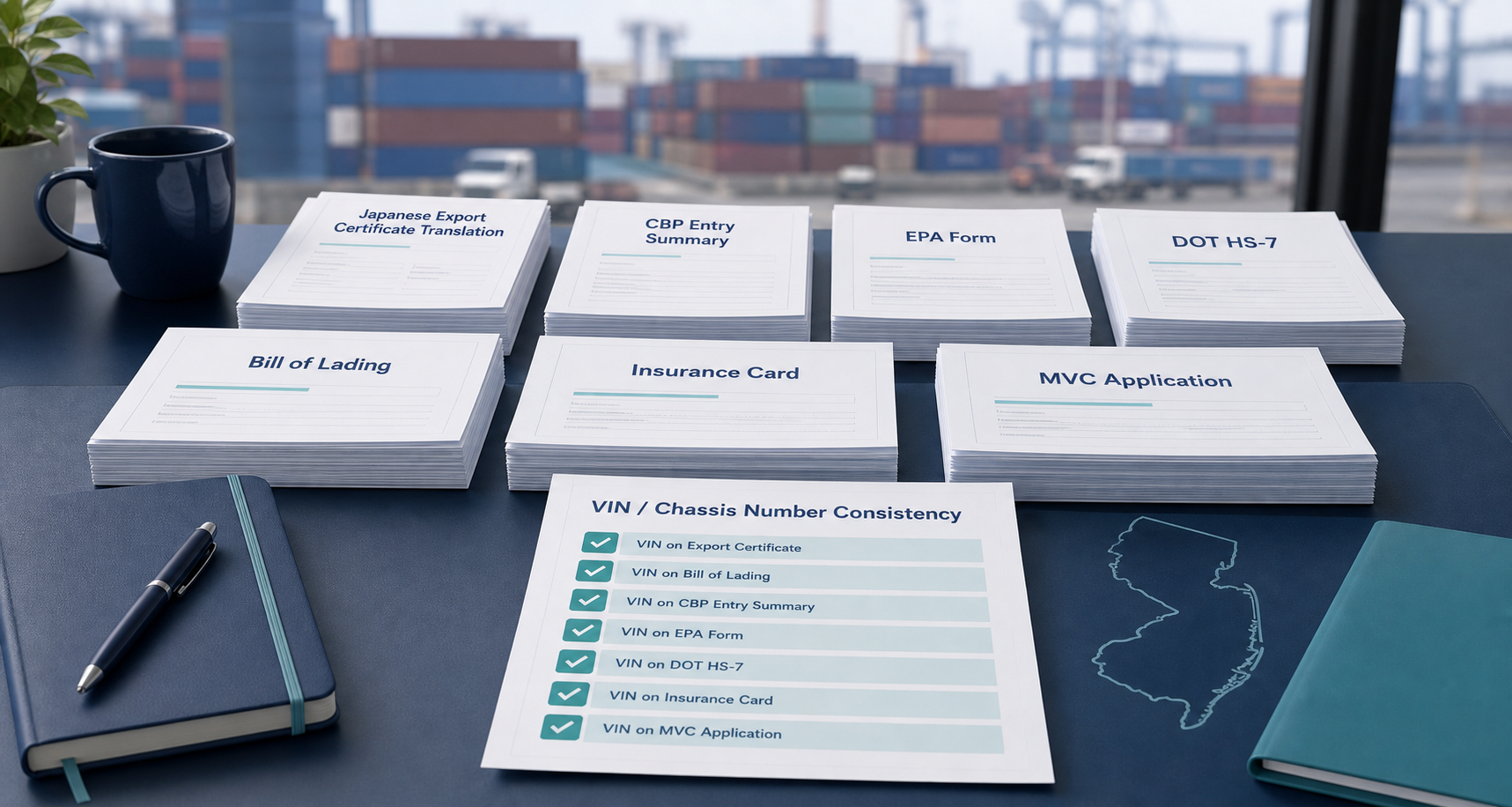 New Jersey JDM import title documents with Customs forms, MVC paperwork, and inspection checklist