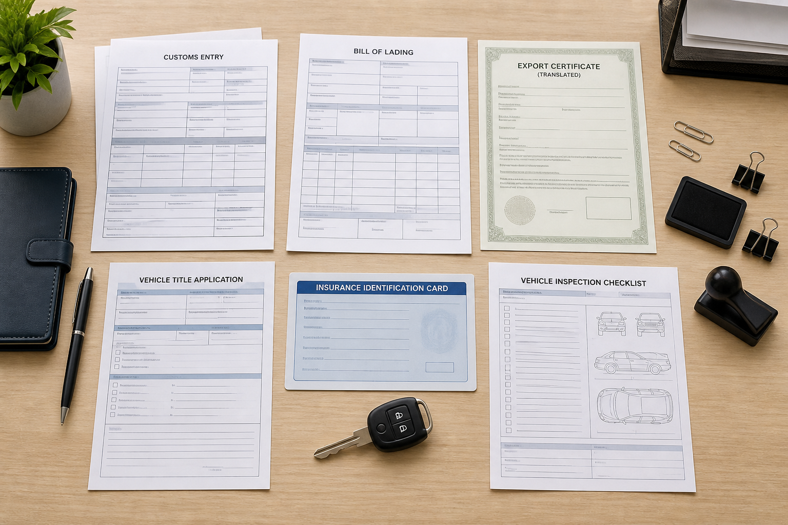New York JDM import title documents with Customs forms, insurance, tax paperwork, and inspection checklist