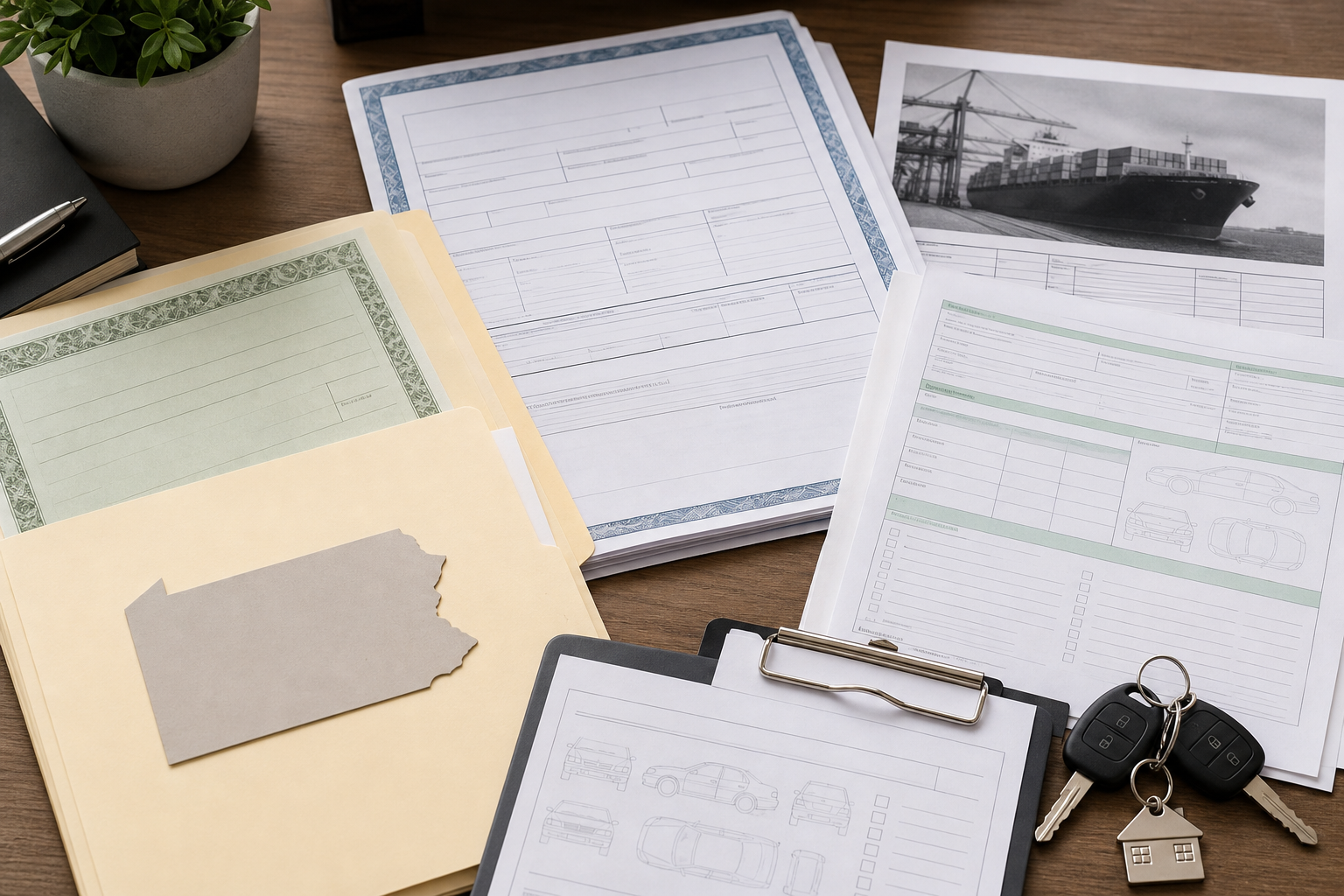 Pennsylvania JDM import title documents with Customs forms, MV-1, MV-426B, and enhanced inspection checklist