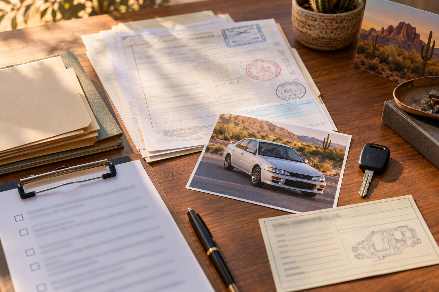 Arizona JDM import registration document checklist with Customs paperwork, title packet, insurance, VIN inspection, and emissions planning notes