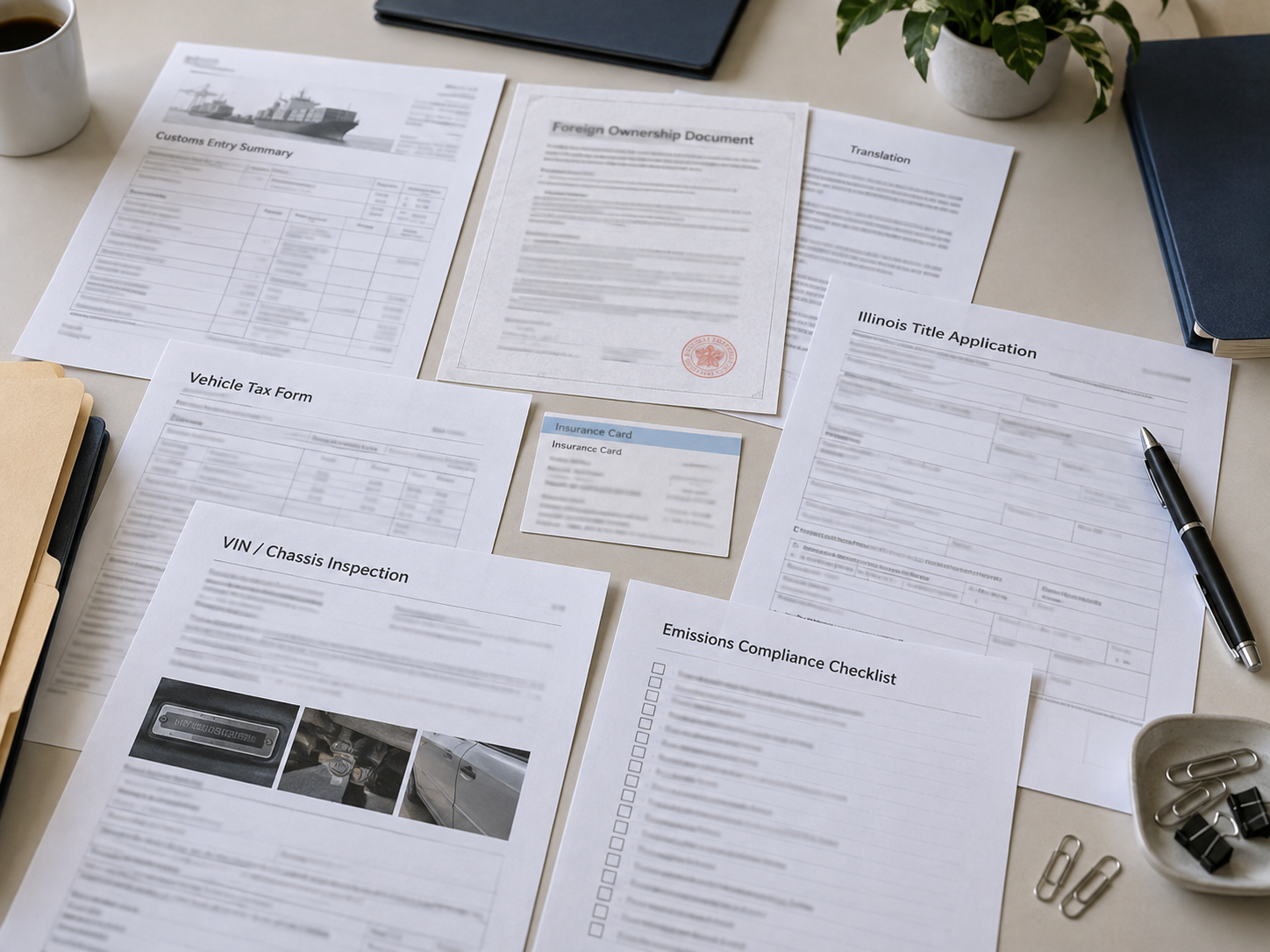 Illinois JDM import registration document checklist with Customs paperwork, title application, tax form, insurance, chassis number, and emissions planning notes