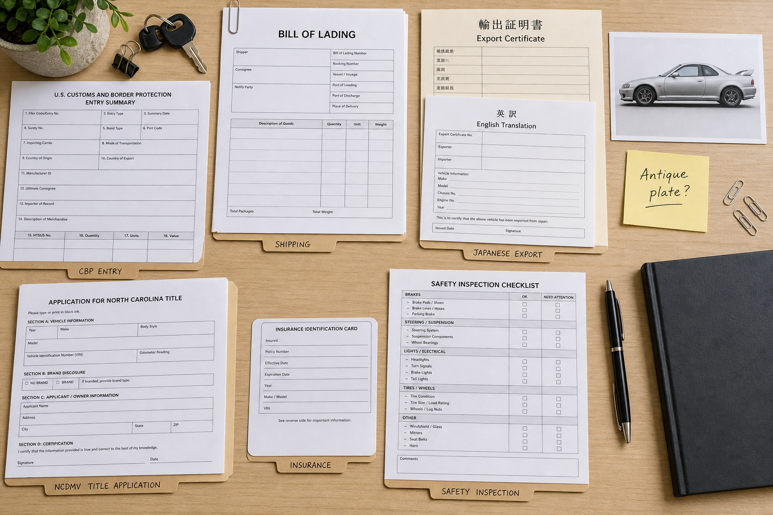 North Carolina JDM import title documents with Customs forms, NCDMV paperwork, insurance, and inspection checklist