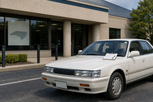Right-hand-drive JDM vehicle near a North Carolina DMV office for imported vehicle registration planning