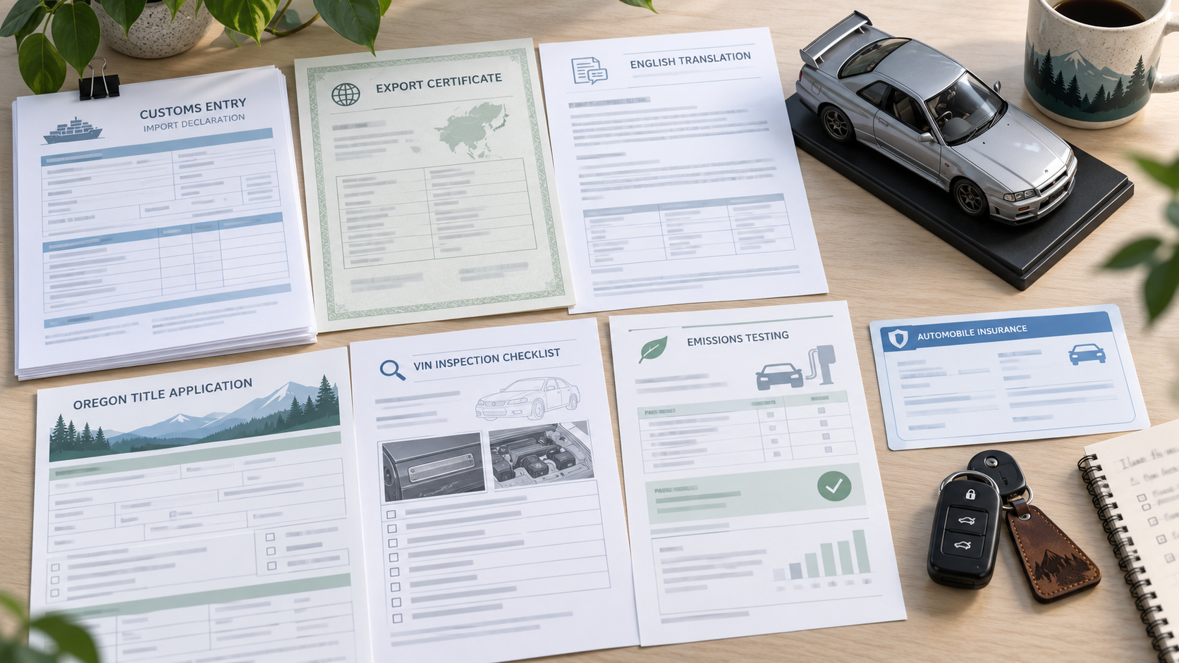 Oregon JDM import registration document checklist with Customs paperwork, title application, VIN inspection, insurance, and DEQ emissions planning notes