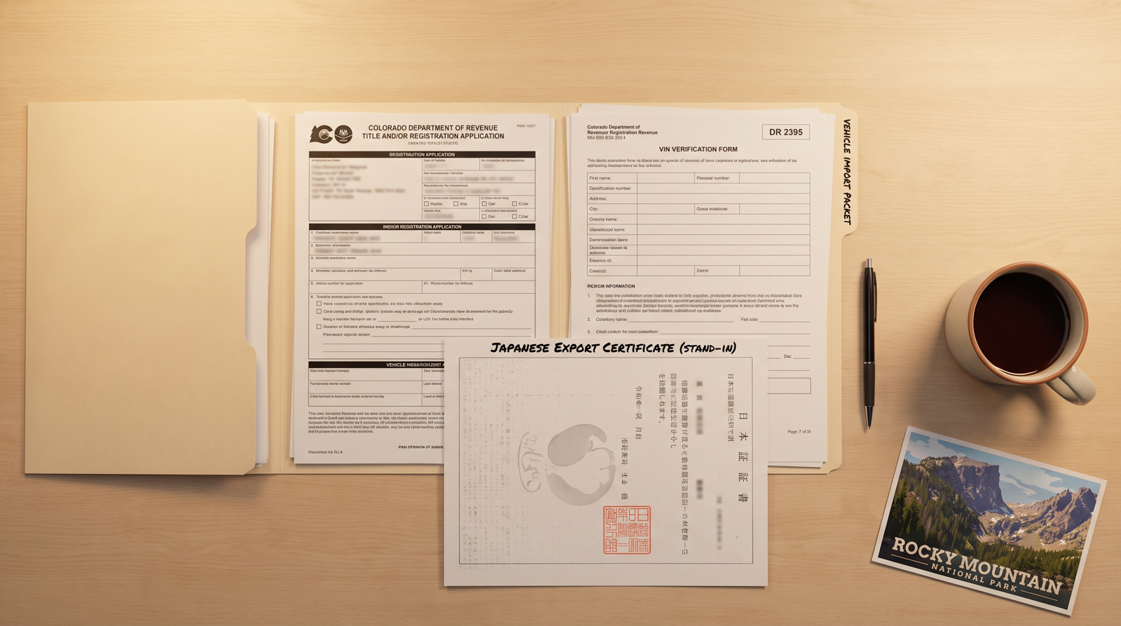 Ohio JDM import registration document checklist with Customs paperwork, Clerk of Courts title application, BMV 3787 out-of-state VIN inspection, insurance, and Ohio E-Check planning notes